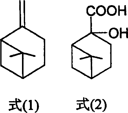 Chemical structures of Beta-pinene (Formula 1) and Nopinic acid (Formula 2) showing the oxidative transformation