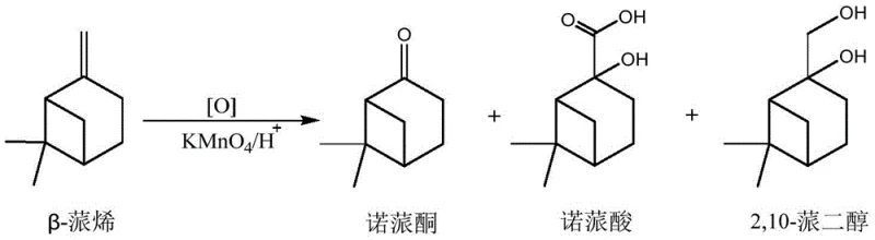 Reaction scheme showing the selective oxidation of beta-pinene to nopinone and potential byproducts like nopinic acid
