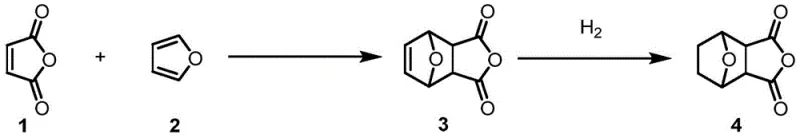 Precursor synthesis pathway showing Diels-Alder reaction and hydrogenation to form Norcantharidin