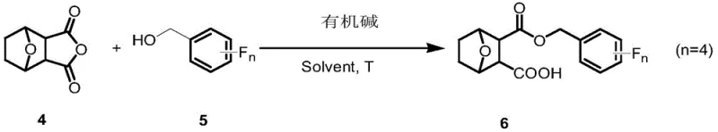 General reaction scheme showing the esterification of norcantharidin with tetrafluorobenzyl alcohol catalyzed by organic base