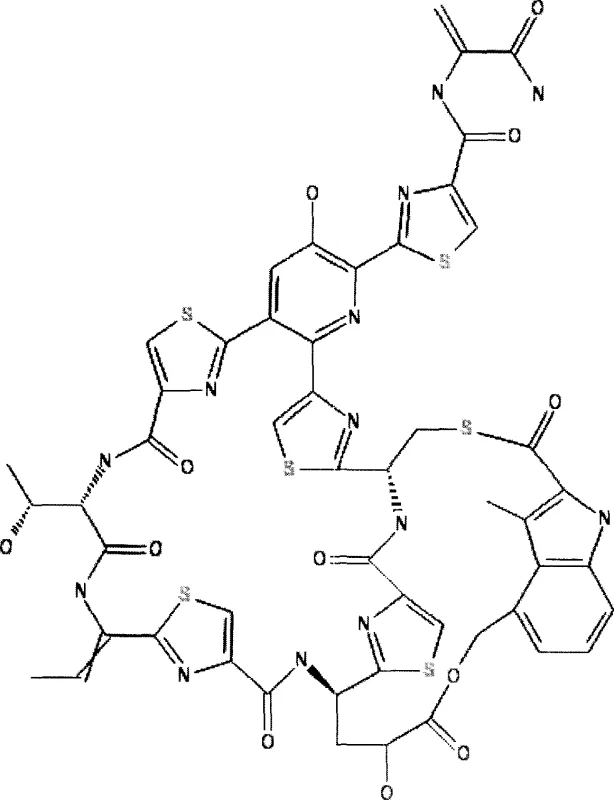Chemical structure of Nosiheptide showing the central pyridine ring and multiple thiazole moieties