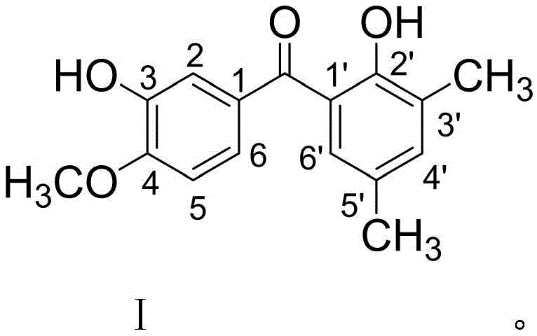 Chemical structure of (4-methoxy-3-hydroxyphenyl)(3,5-dimethyl-2-hydroxyphenyl)methanone showing the core benzophenone scaffold with specific hydroxyl and methoxy substitutions