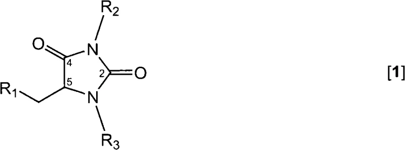 General chemical structure of novel 5-substituted hydantoins showing variable R groups for diverse functionalization
