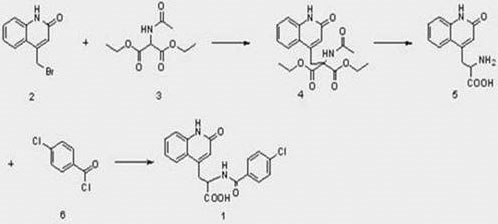 Conventional Rebamipide synthesis route using diethyl acetamidomalonate showing complex multi-step protection and deprotection
