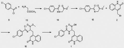 Novel Rebamipide synthesis route via glycine methyl ester amidation and chlorination showing simplified 4-step process