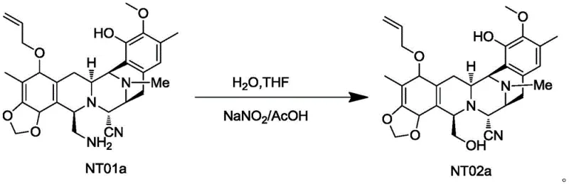 Prior art reaction scheme showing hazardous diazotization of NT01a to NT02a