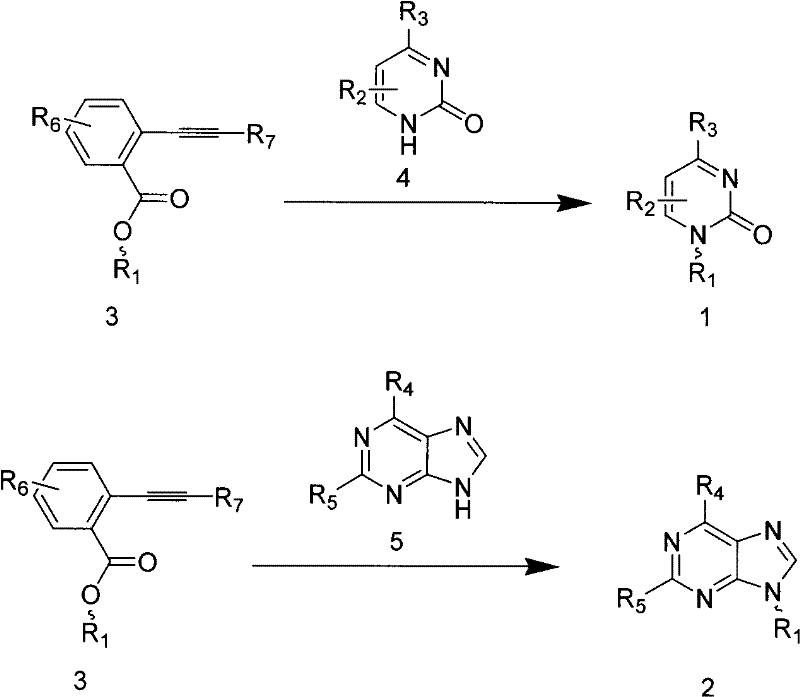 General reaction scheme for synthesizing pyrimidine and purine nucleosides using ortho-alkynylbenzoate donors