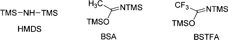 Chemical structures of silylating reagents HMDS, BSA, and BSTFA used for base activation