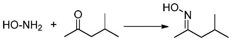 Reaction mechanism showing the protection of hydroxylamine with methyl isobutyl ketone to form ketoxime