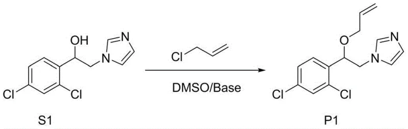 Reaction scheme showing O-allylation of substrate S1 to product P1 using DMSO/Base system