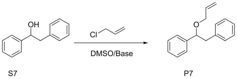 Reaction scheme showing O-allylation of substrate S7 to product P7 with high yield