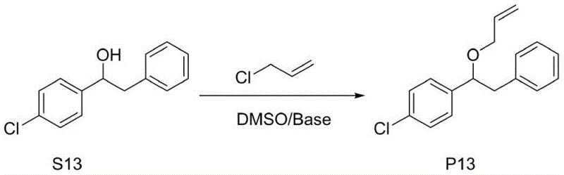 Reaction scheme showing O-allylation of substrate S13 to product P13 demonstrating halogen tolerance