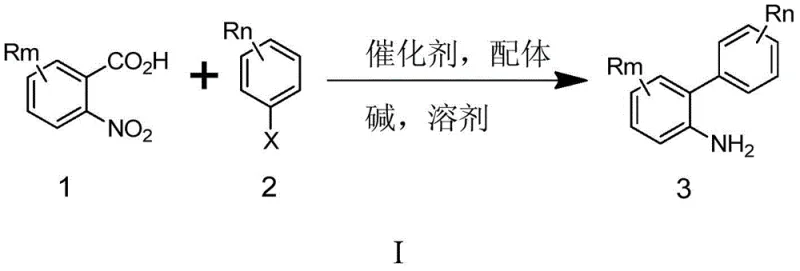 General reaction scheme showing the one-step synthesis of o-aminobiphenyl from o-nitro aromatic formate and substituted halobenzene