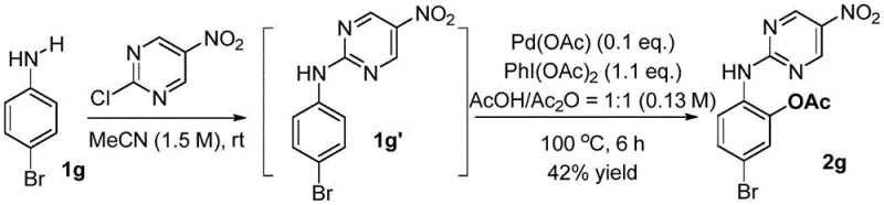 Quantitative synthesis scheme showing the full reaction route from aniline to acetoxylated derivative