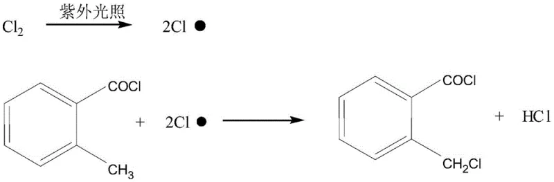 Principal reaction scheme showing UV-initiated chlorination of o-methylbenzoyl chloride to o-chloromethyl benzoyl chloride