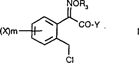 General Formula I of o-chloromethylphenylglycolic acid derivatives showing variable substituents X, m, R3, and Y