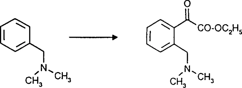 Reaction scheme showing the conversion of N-benzyl dimethyl amine to phenyl glyoxylic acid ethyl ester via lithiation