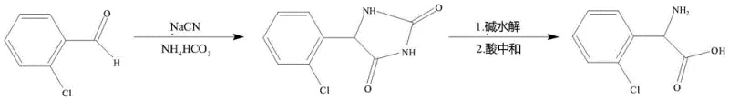 Reaction scheme showing the conversion of o-chlorobenzaldehyde to o-chlorobenzenehydantoin and subsequent hydrolysis to o-chlorophenylglycine