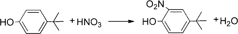Reaction equation showing the nitration of p-tert-butylphenol to o-nitro-p-tert-butylphenol using nitric acid