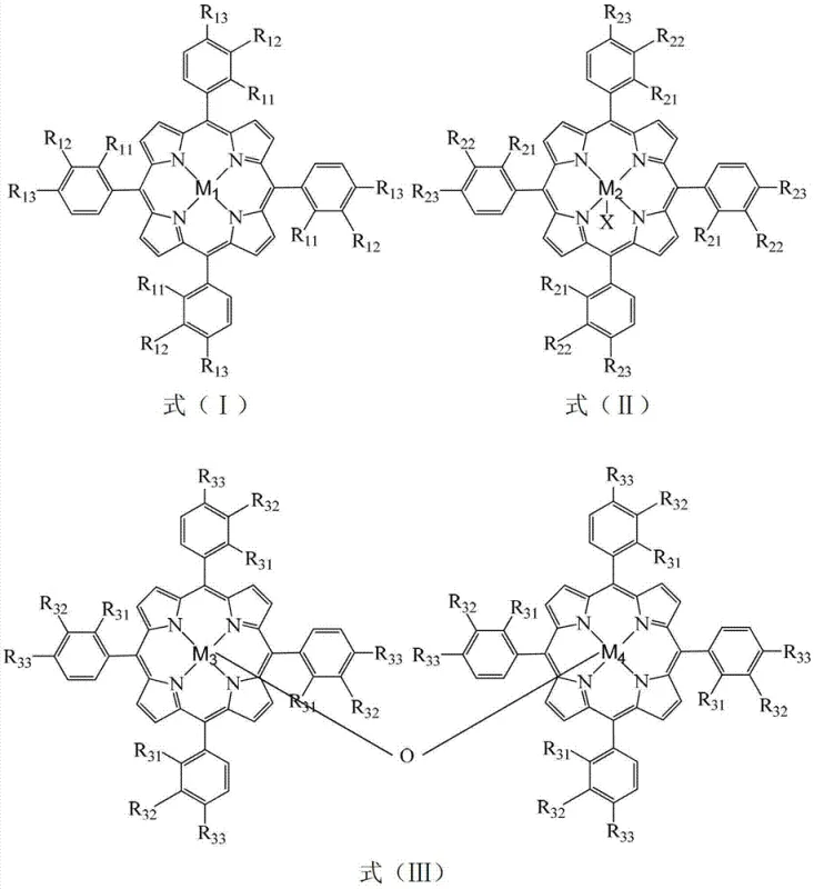 Chemical structures of mononuclear and mu-oxo-binuclear metalloporphyrin catalysts used in the oxidation process