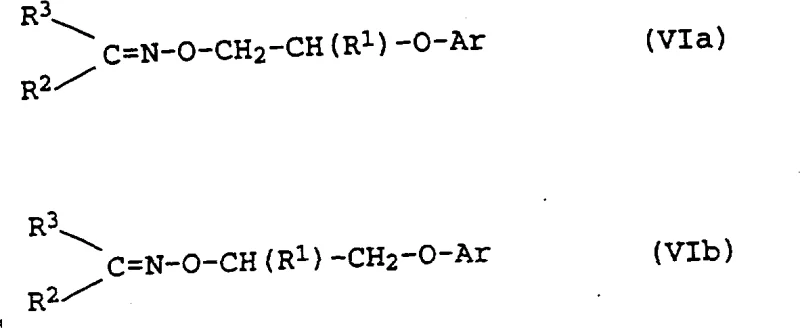 General chemical structures of O-phenoxyalkyloxime isomers VIa and VIb showing the variable R and Ar groups