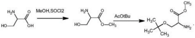 Reaction scheme showing the conversion of L-serine to O-tert-butyl-L-serine methyl ester using methanol and tert-butyl acetate
