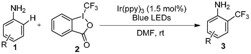 General reaction scheme showing aniline derivatives reacting with trivalent iodine reagent under Ir(ppy)3 catalysis and blue LED irradiation to form o-trifluoromethyl products