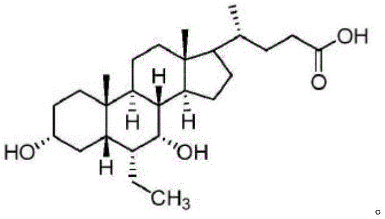Chemical structure of Obeticholic Acid showing the 3α,7α-dihydroxy-6α-ethyl-5β-cholan-24-oic acid framework