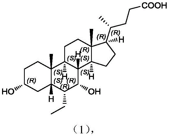 Chemical structure of Obeticholic Acid (Formula I) showing the steroid backbone and side chain
