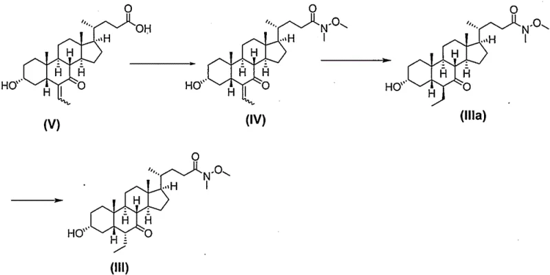 Complete reaction scheme showing the conversion of Compound V to Obeticholic Acid via Weinreb amide intermediates