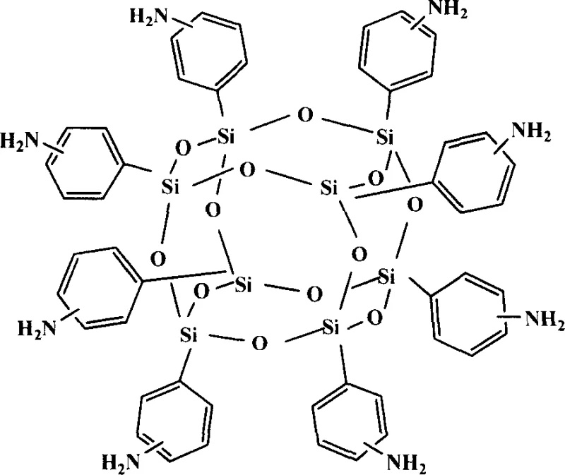 Chemical structure of Octaaminophenyl clathrate silsesquioxane showing the cubic silsesquioxane cage with eight aminophenyl groups