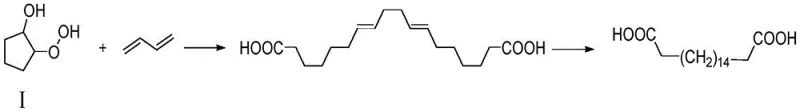 Core synthetic route showing radical coupling of Compound I with butadiene followed by hydrogenation to octadecanedioic acid
