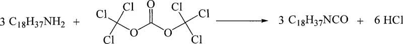 Reaction equation showing 3 moles of octadecylamine reacting with 1 mole of bis(trichloromethyl)carbonate to produce 3 moles of octadecyl isocyanate and 6 moles of HCl