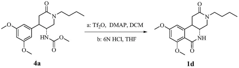 Cyclization reaction converting intermediate 1c to 1d using Tf2O and DMAP