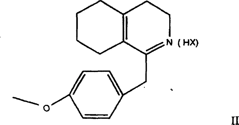 Chemical reaction scheme showing the asymmetric hydrogenation of enimine salt Formula II to optically active octahydroisoquinoline Formula I