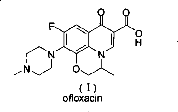 Chemical structure of Ofloxacin (I) showing the fluoroquinolone core and methyl piperazine side chain