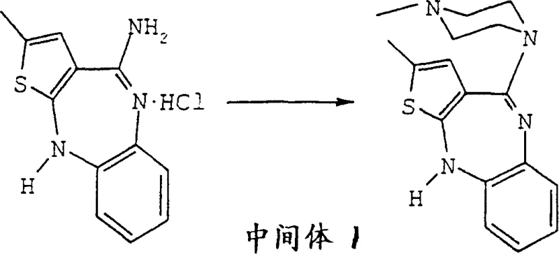 Synthesis reaction of Olanzapine from Intermediate 1 and N-methylpiperazine