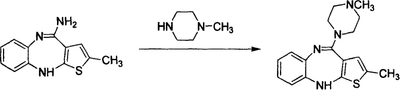 Prior art reaction scheme showing direct methylation of N-demethylolanzapine using toxic agents