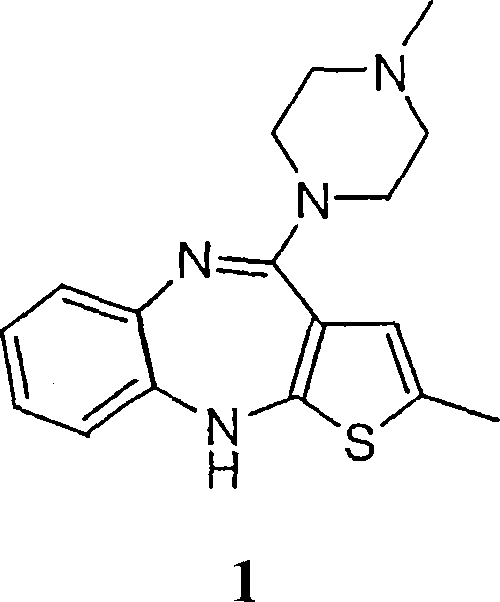 Chemical structure of Olanzapine (2-methyl-4-(4-methyl-1-piperazinyl)-10H-thieno[2,3-b][1,5]benzodiazepine)