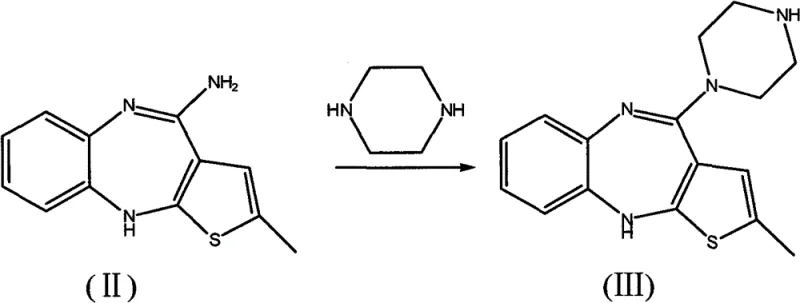 Reaction scheme showing the conversion of Formula II to Formula III and subsequently to Olanzapine Formula I