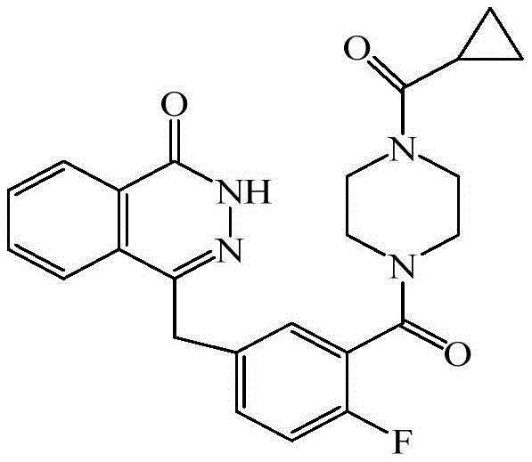 Chemical structure of Olaparib (Compound A) showing the phthalazinone core and cyclopropanecarbonyl-piperazine moiety