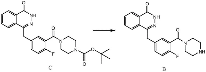Reaction scheme showing the acidolysis of Compound C to Intermediate B using TFA