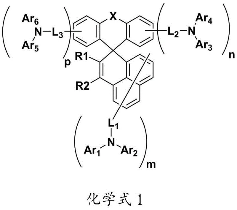 General structural formula of the organic electroluminescent compound showing the spiro-fluorene core and variable aryl amine substituents