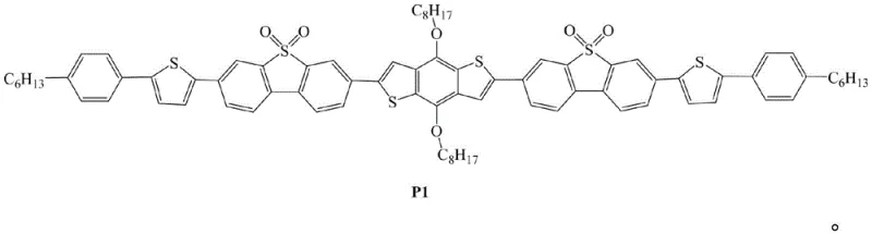 Chemical structure of the oligomerized thiophene derivative P1 featuring S,S-dioxo dibenzothiophene electron accepting units