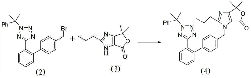 Condensation reaction between tetrazole intermediate (2) and imidazole (3) to form intermediate (4)
