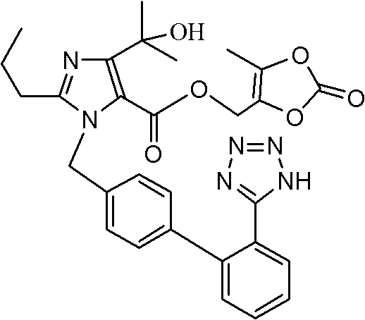 Chemical structure of Olmesartan Medoxomil showing the imidazole and biphenyl tetrazole moieties