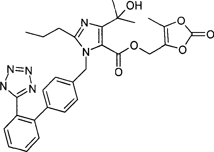 Chemical structure of Olmesartan Medoxomil showing the imidazole and tetrazole moieties