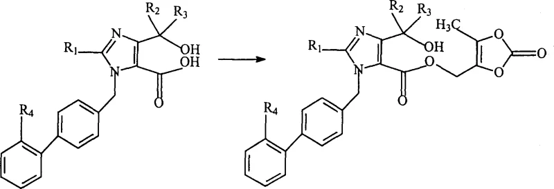 Reaction scheme for esterification and trityl deprotection to yield Olmesartan