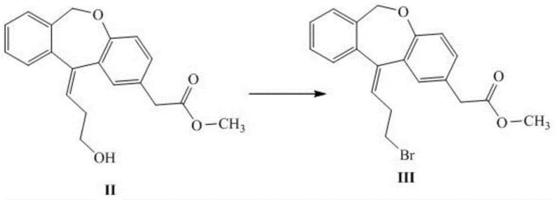 Chemical reaction scheme showing the bromination of the hydroxypropyl precursor to form the activated alkyl bromide intermediate