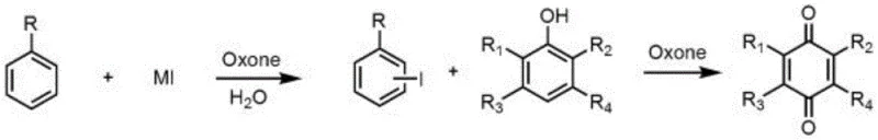 One-pot synthesis route showing in-situ generation of iodobenzene catalyst and subsequent phenol oxidation